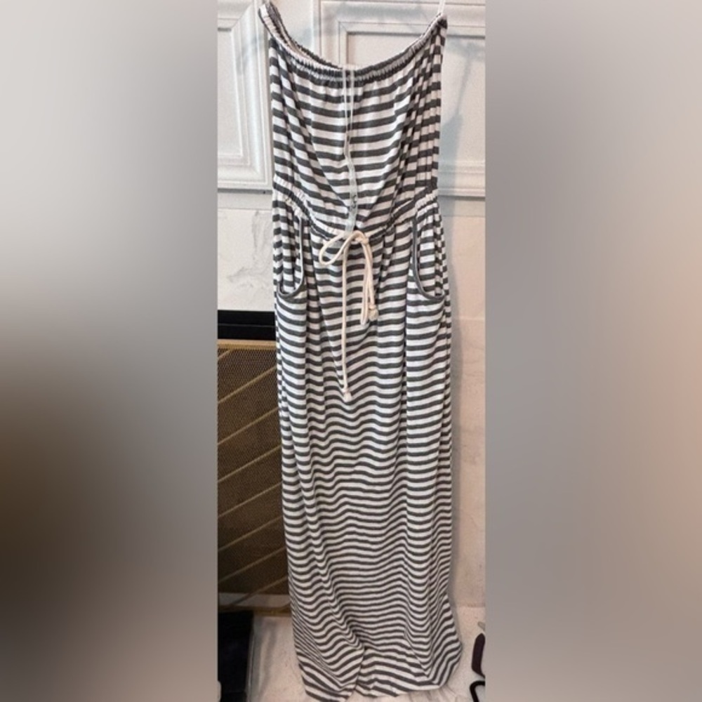 Ya Los Angeles Black and White Strapless Striped Maxi Dress